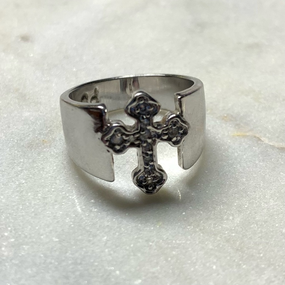 Premier Designs Crystal Cross Ring Silver Plate Size 7